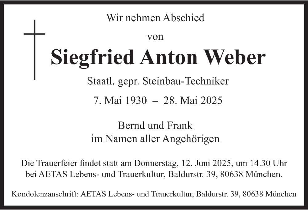  Traueranzeige für Siegfried Anton Weber vom 07.06.2025 aus merkurtz
