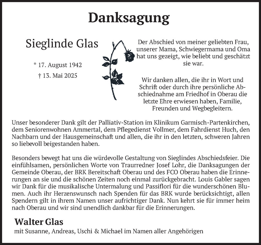  Traueranzeige für Sieglinde Glas vom 03.06.2025 aus merkurtz