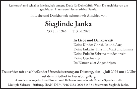 Traueranzeige von Sieglinde Janka von merkurtz