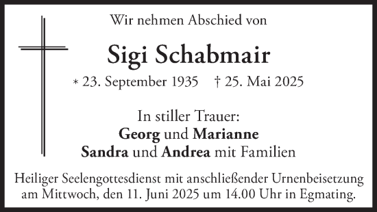 Traueranzeige von Sigi Schabmair von merkurtz