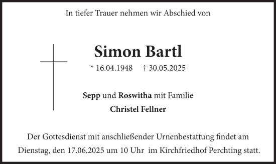 Traueranzeige von Simon Bartl von merkurtz