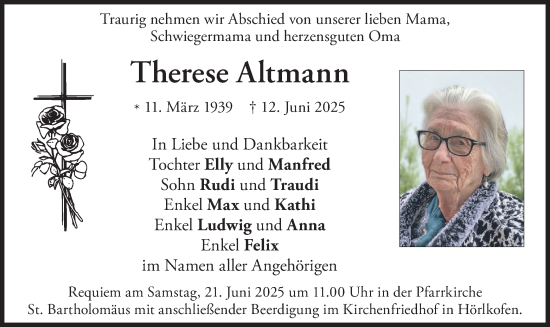 Traueranzeige von Therese Altmann von merkurtz