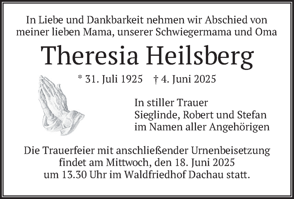  Traueranzeige für Theresia Heilsberg vom 14.06.2025 aus merkurtz
