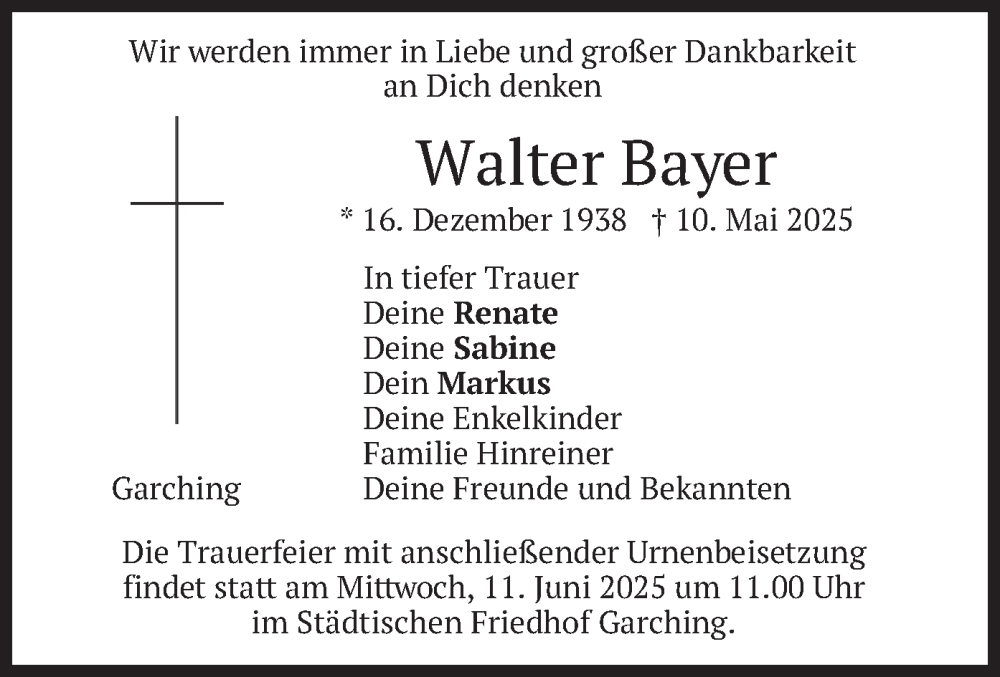  Traueranzeige für Walter Bayer vom 07.06.2025 aus merkurtz