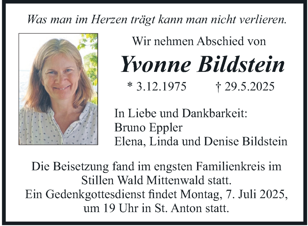 Traueranzeige für Yvonne Bildstein vom 14.06.2025 aus merkurtz