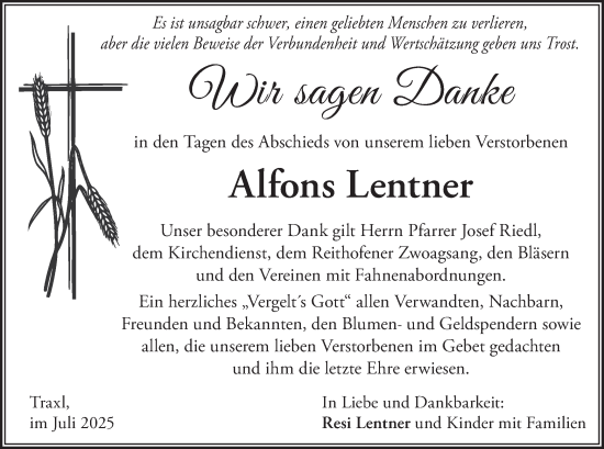 Traueranzeige von Alfons Lentner von merkurtz