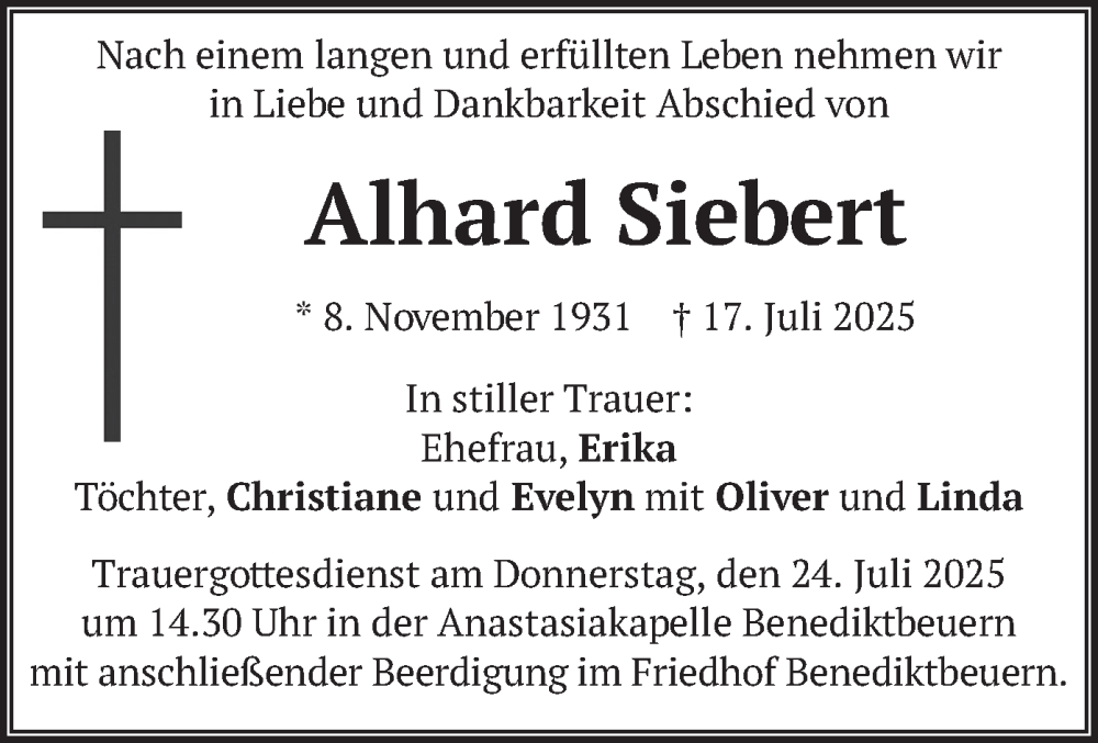  Traueranzeige für Alhard Siebert vom 22.07.2025 aus merkurtz