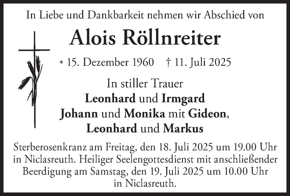  Traueranzeige für Alois Röllnreiter vom 16.07.2025 aus merkurtz