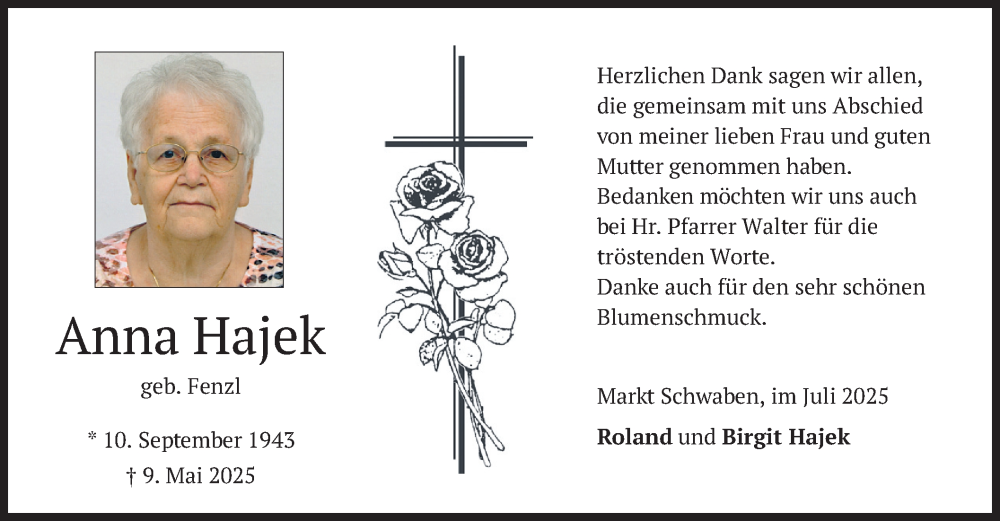  Traueranzeige für Anna Hajek vom 12.07.2025 aus merkurtz