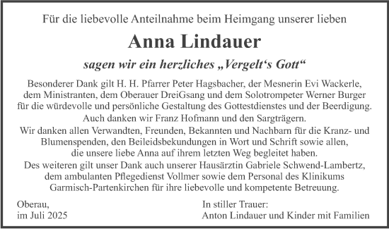 Traueranzeige von Anna Lindauer von merkurtz