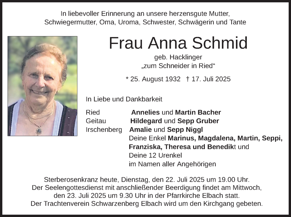  Traueranzeige für Anna Schmid vom 22.07.2025 aus merkurtz