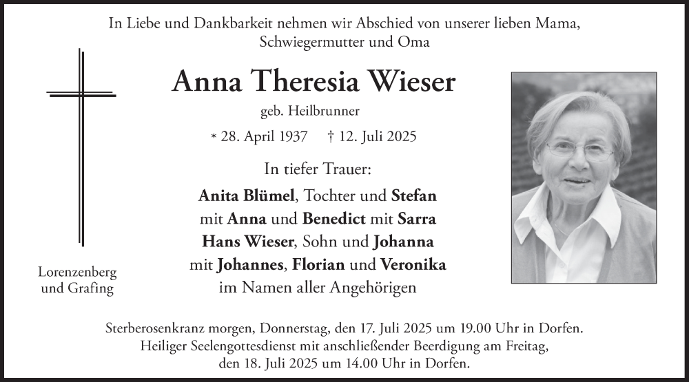 Traueranzeige für Anna Theresia Wieser vom 16.07.2025 aus merkurtz
