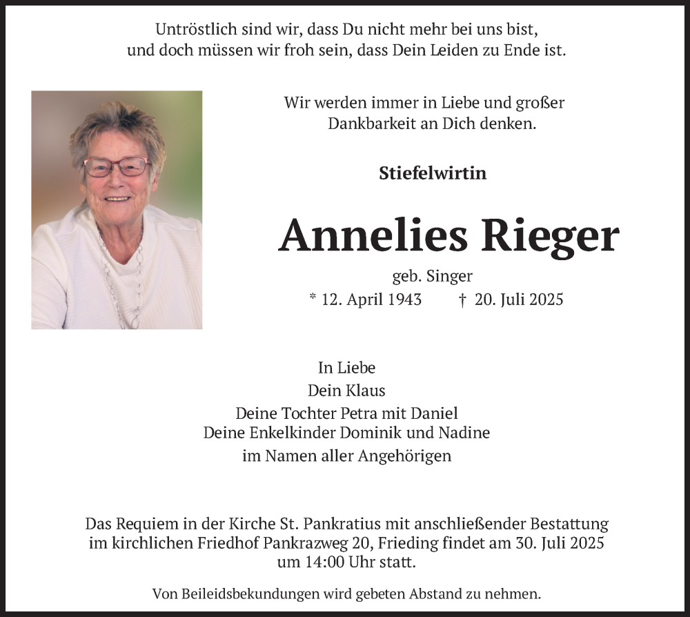  Traueranzeige für Annelies Rieger vom 26.07.2025 aus merkurtz
