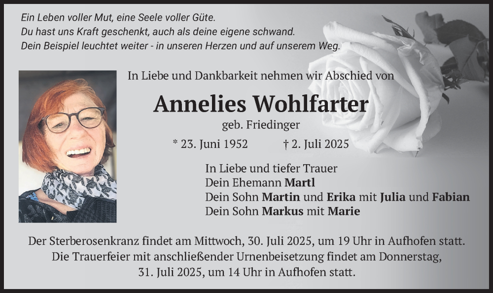  Traueranzeige für Annelies Wohlfarter vom 26.07.2025 aus merkurtz