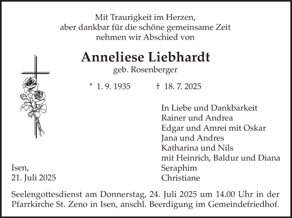  Traueranzeige für Anneliese Liebhardt vom 22.07.2025 aus merkurtz