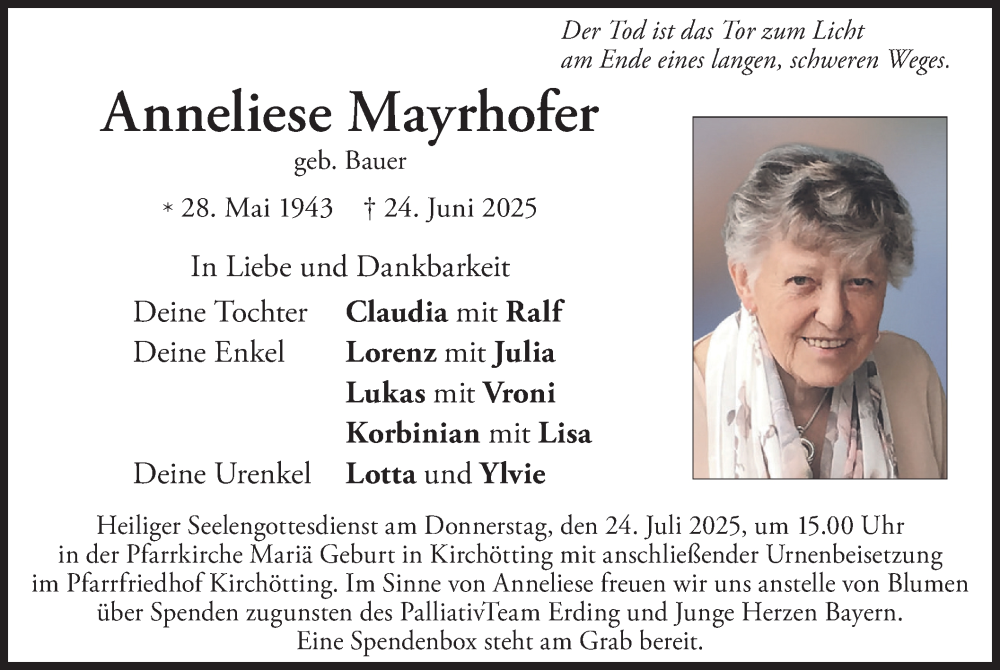  Traueranzeige für Anneliese Mayrhofer vom 19.07.2025 aus merkurtz