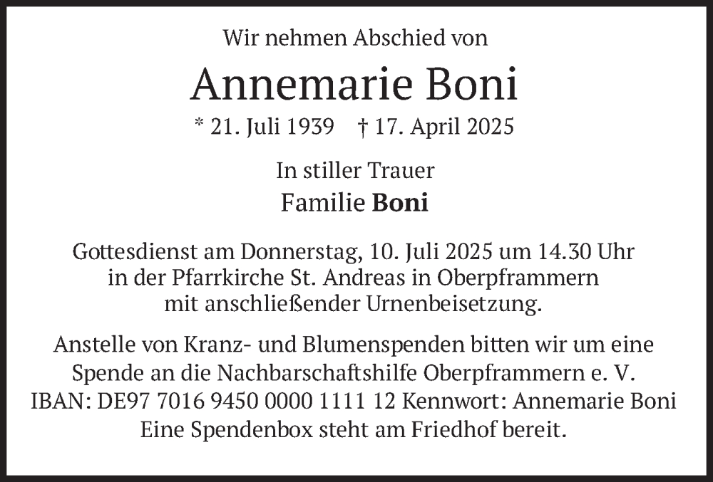  Traueranzeige für Annemarie Boni vom 05.07.2025 aus merkurtz
