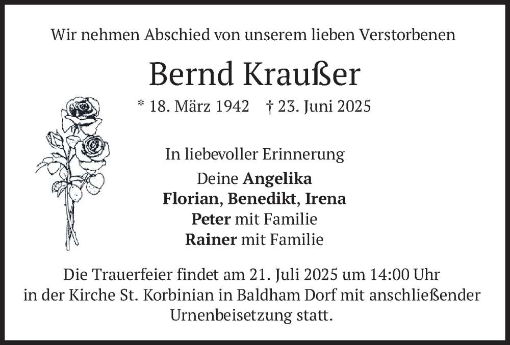  Traueranzeige für Bernd Kraußer vom 12.07.2025 aus merkurtz