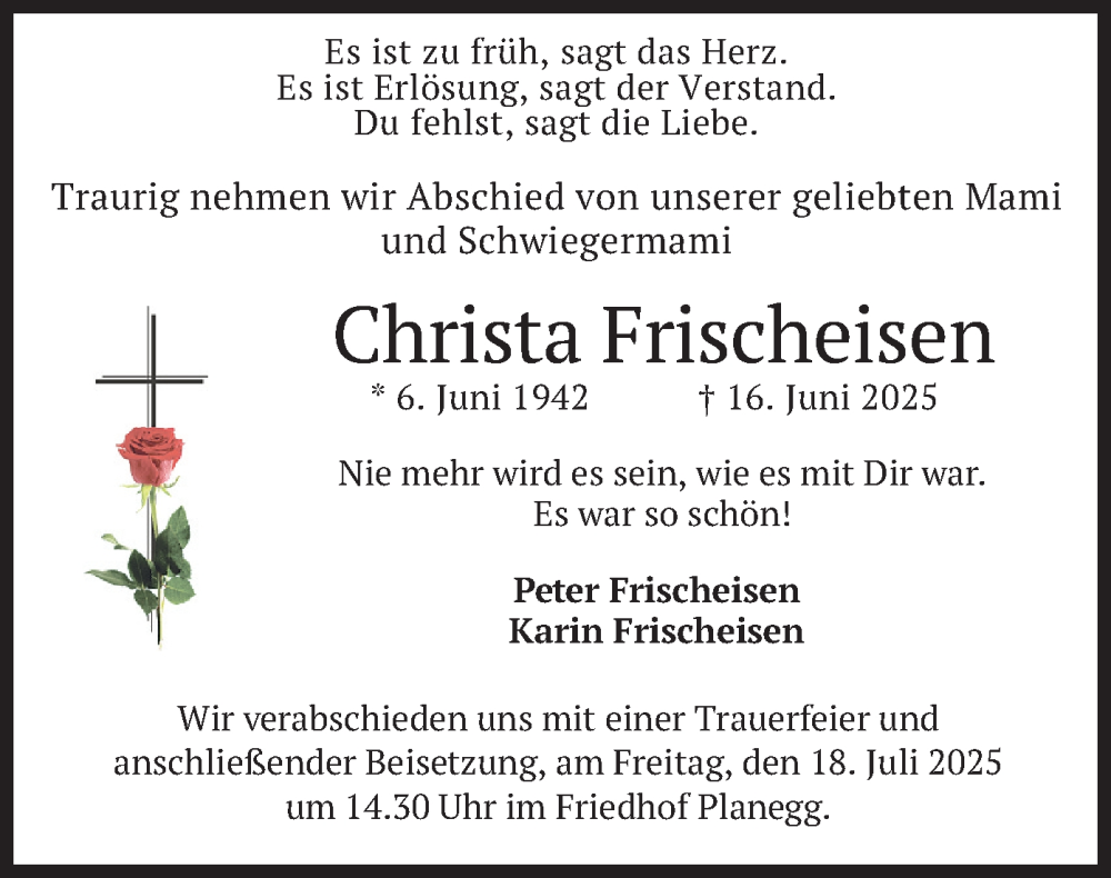  Traueranzeige für Christa Frischeisen vom 12.07.2025 aus merkurtz