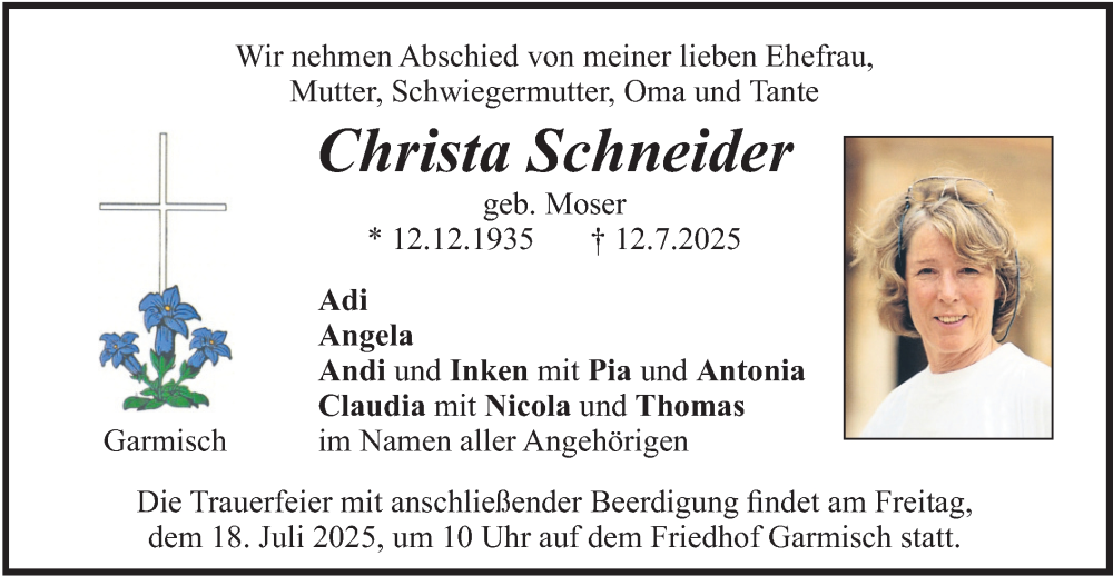  Traueranzeige für Christa Schneider vom 16.07.2025 aus merkurtz