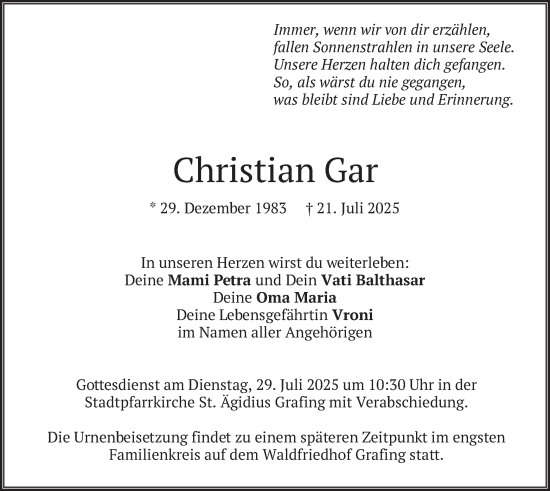 Traueranzeige von Christian Gar von merkurtz