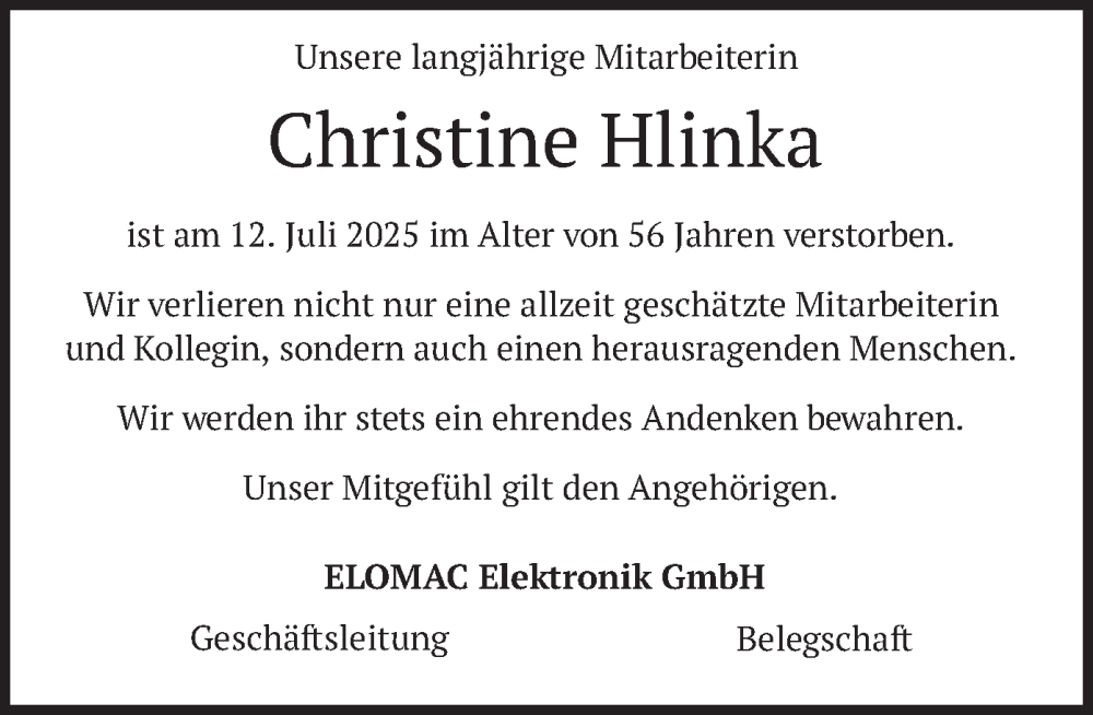  Traueranzeige für Christine Hlinka vom 24.07.2025 aus merkurtz