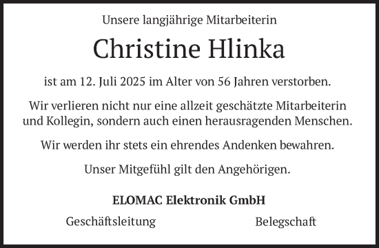 Traueranzeige von Christine Hlinka von merkurtz