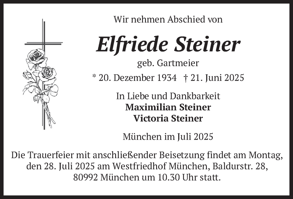  Traueranzeige für Elfriede Steiner vom 26.07.2025 aus merkurtz