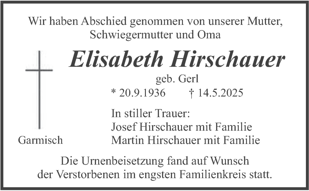  Traueranzeige für Elisabeth Hirschauer vom 26.07.2025 aus merkurtz
