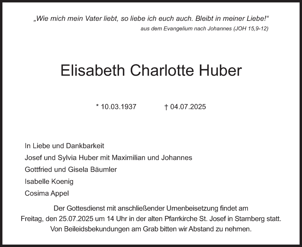  Traueranzeige für Elisabeth Charlotte Huber vom 21.07.2025 aus merkurtz