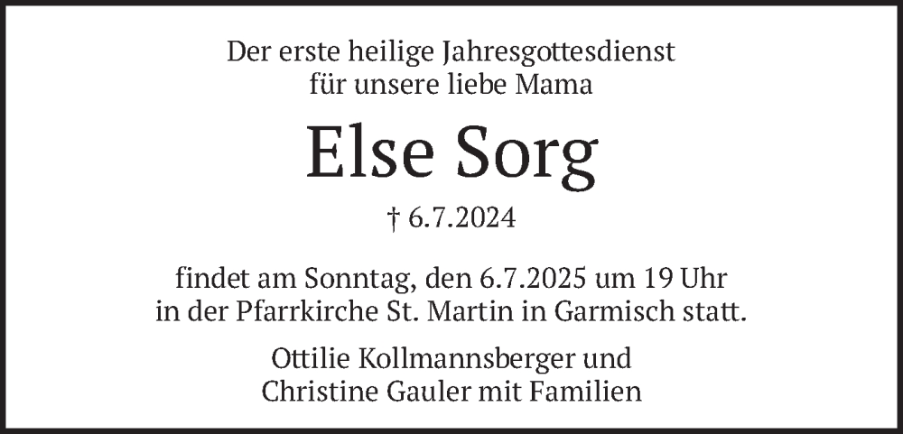  Traueranzeige für Else Sorg vom 05.07.2025 aus merkurtz