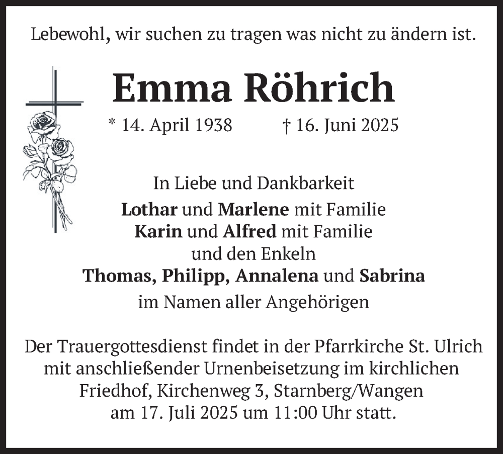  Traueranzeige für Emma Röhrich vom 12.07.2025 aus merkurtz