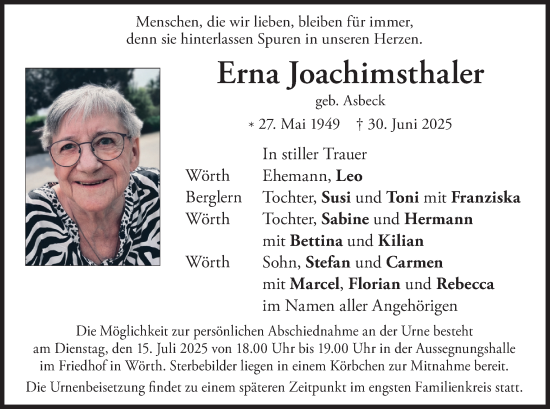 Traueranzeige von ERna Joachimsthaler von merkurtz