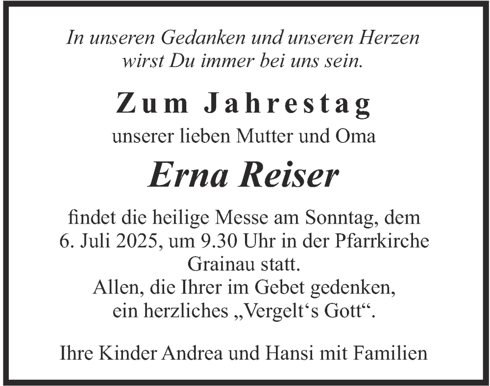  Traueranzeige für Erna Reiser vom 04.07.2025 aus merkurtz
