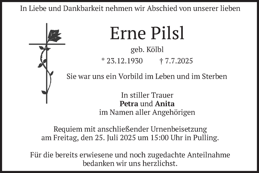  Traueranzeige für Erne Pilsl vom 19.07.2025 aus merkurtz