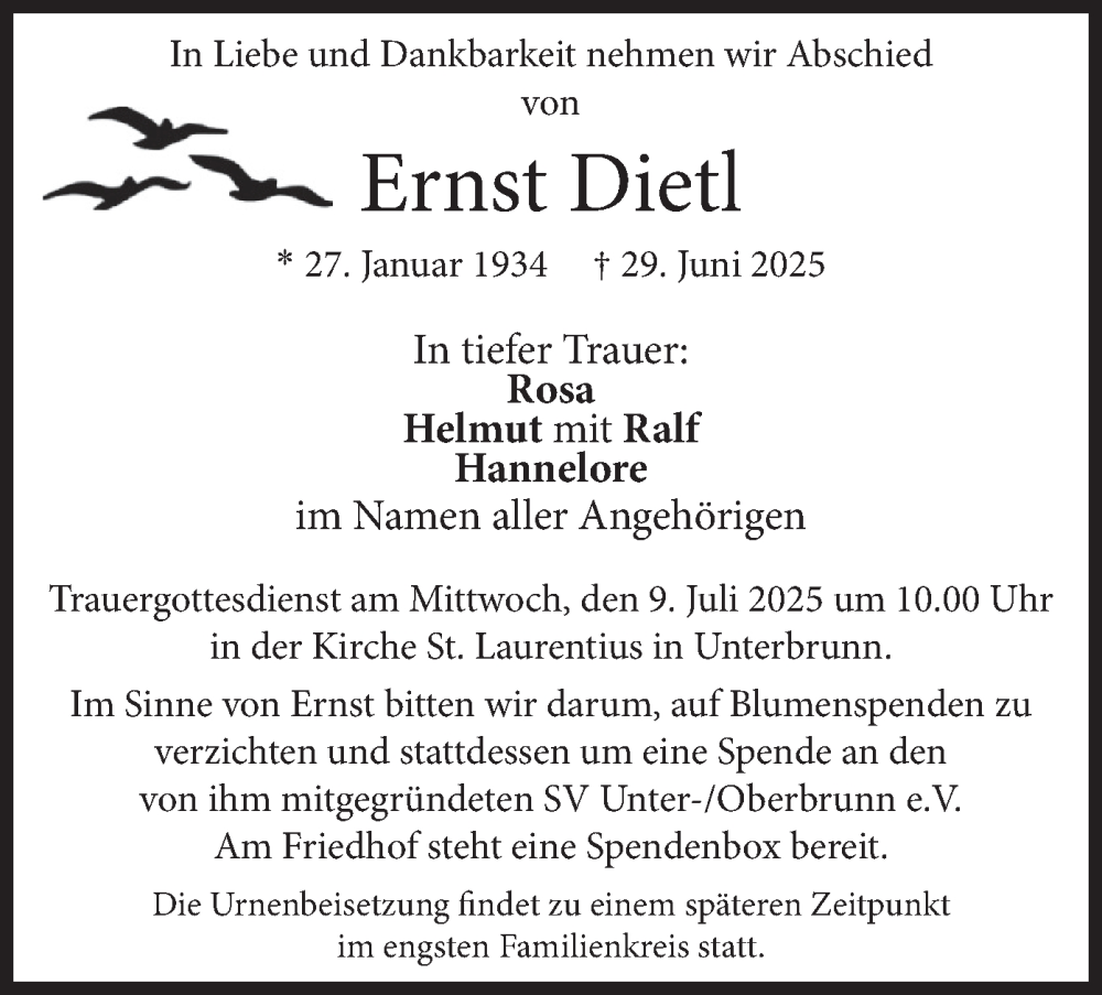  Traueranzeige für Ernst Dietl vom 05.07.2025 aus merkurtz