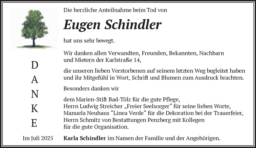  Traueranzeige für Eugen Schindler vom 19.07.2025 aus Das Gelbe Blatt Penzberg