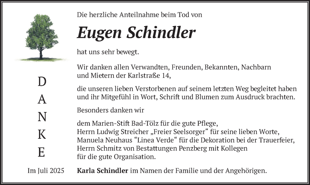  Traueranzeige für Eugen Schindler vom 19.07.2025 aus merkurtz