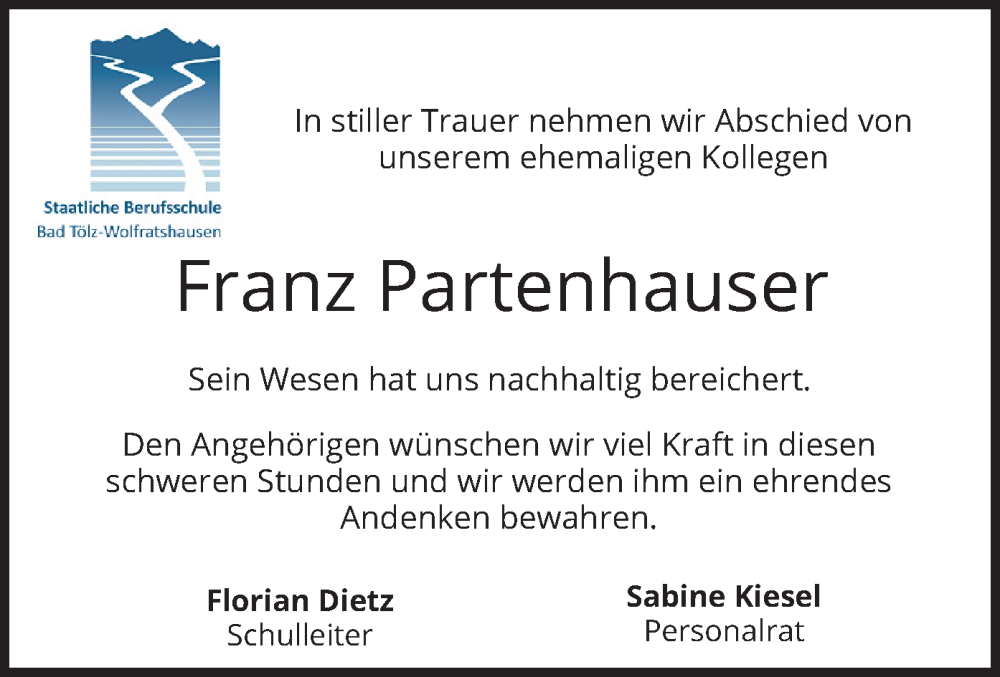  Traueranzeige für Franz Partenhauser vom 26.07.2025 aus merkurtz