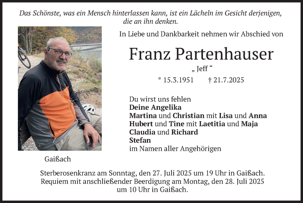  Traueranzeige für Franz Partenhauser vom 24.07.2025 aus merkurtz