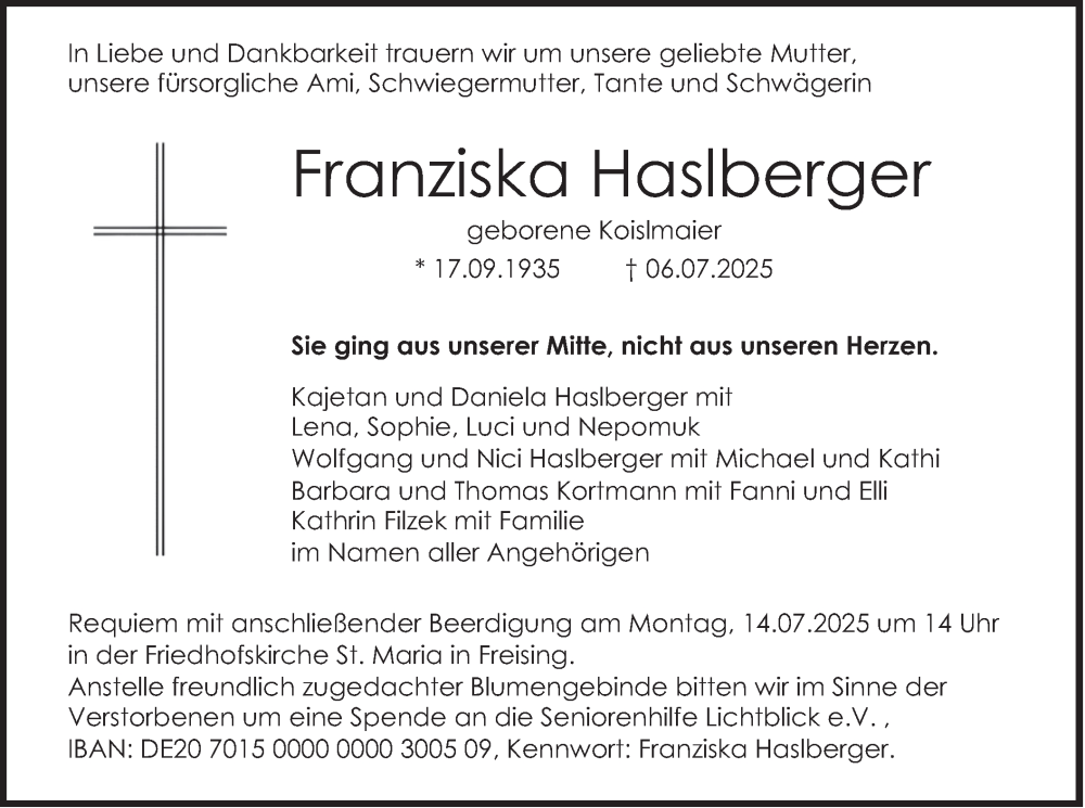  Traueranzeige für Franziska Haslberger vom 12.07.2025 aus merkurtz