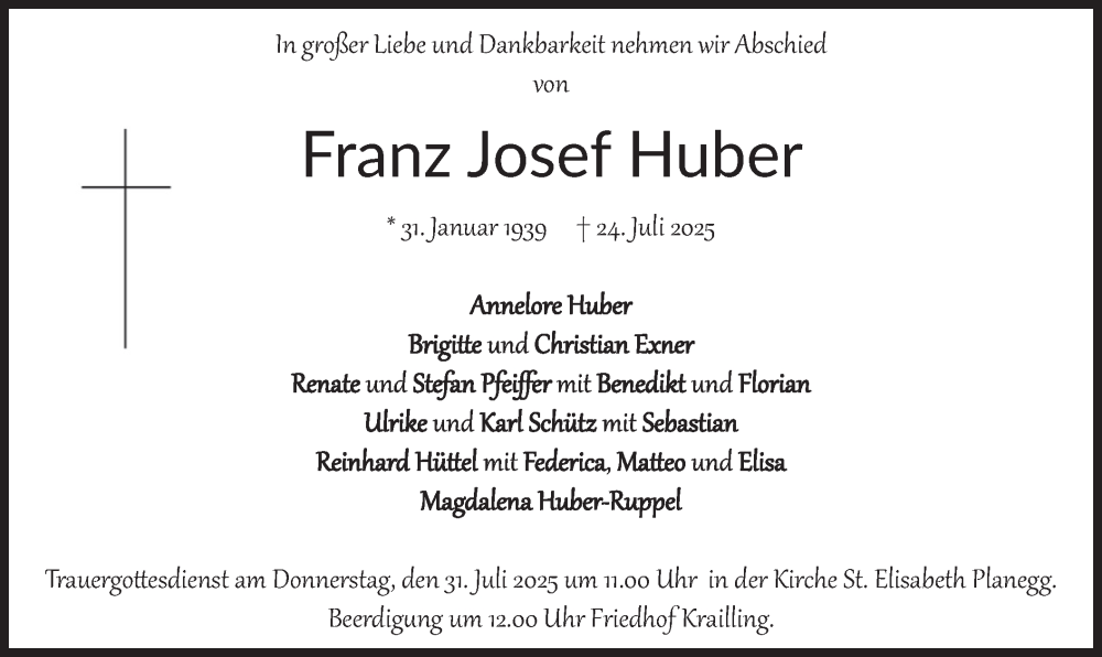  Traueranzeige für Franz Josef Huber vom 29.07.2025 aus merkurtz
