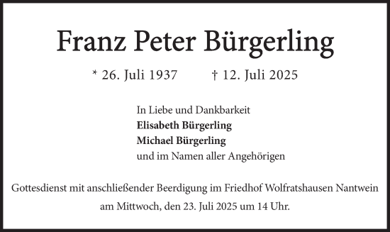 Traueranzeige von Franz Peter Bürgerling von merkurtz