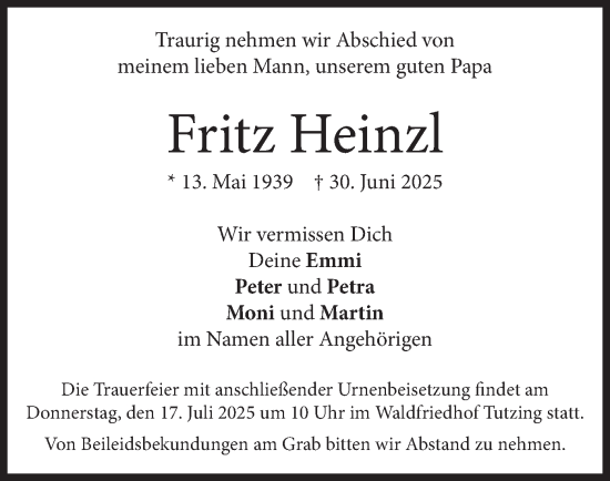 Traueranzeige von Fritz Heinzl von merkurtz