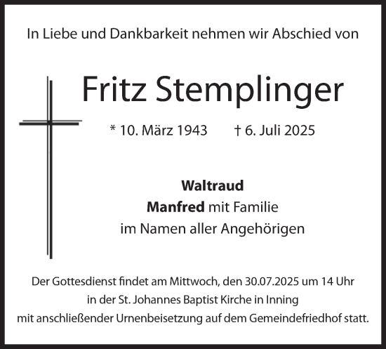 Traueranzeige von Fritz Stemplinger von merkurtz