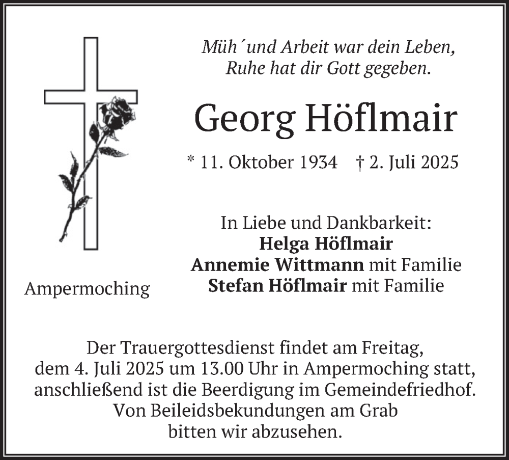  Traueranzeige für Georg Höflmair vom 03.07.2025 aus merkurtz