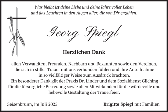 Traueranzeige von Georg Spiegl von merkurtz