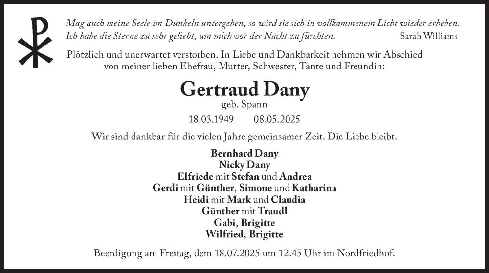 Traueranzeige für Gertraud Dany vom 12.07.2025 aus merkurtz