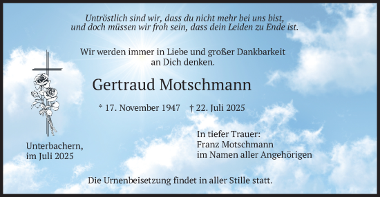 Traueranzeige von Gertraud Motschmann von merkurtz