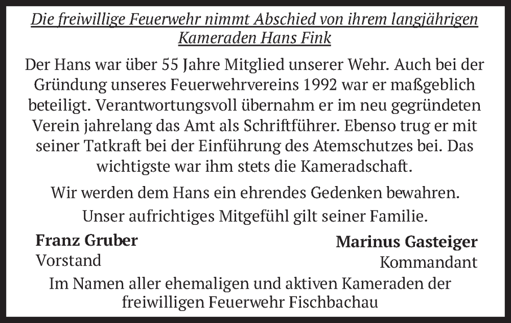  Traueranzeige für Hans Fink vom 15.07.2025 aus merkurtz